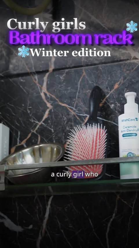 Instagram post by @vibhasree_ for WishCare. Caption reads: Bathroom rack of a curly girl who works out....