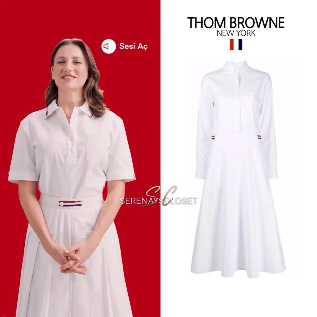 Instagram post by @serenaysscloset for Thom Browne. Caption reads: New!Serenay Sarikaya wearing “Thom Browne” white....