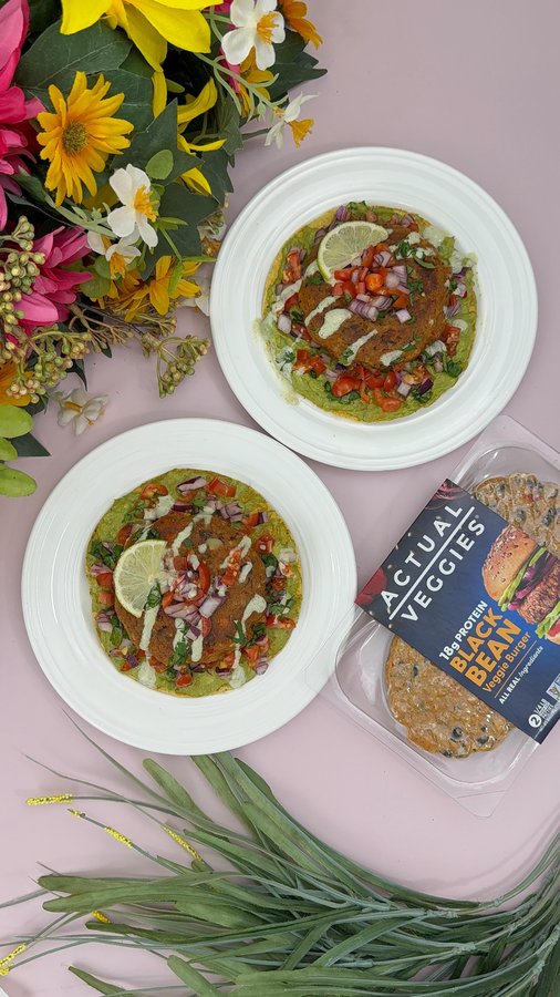 Instagram post by @lifestylebyanju for Actual Veggies. Caption reads: Black Bean Veggie Burger Tostadas – crispy,....