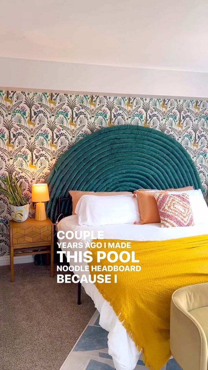 Instagram post by @itsbridgettebitch for Article. Caption reads: Pool noodle headboard dupe baby ✨ #ourarticle....