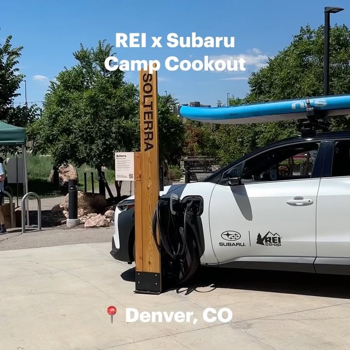Instagram post by @subaru_usa for REI. Caption reads: Thanks for pulling up to our camp cookout with....