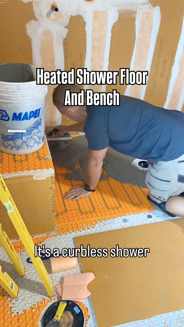 Instagram post by @dj.tiling for STABILA. Caption reads: This is a curbless shower and we ran Heating in....