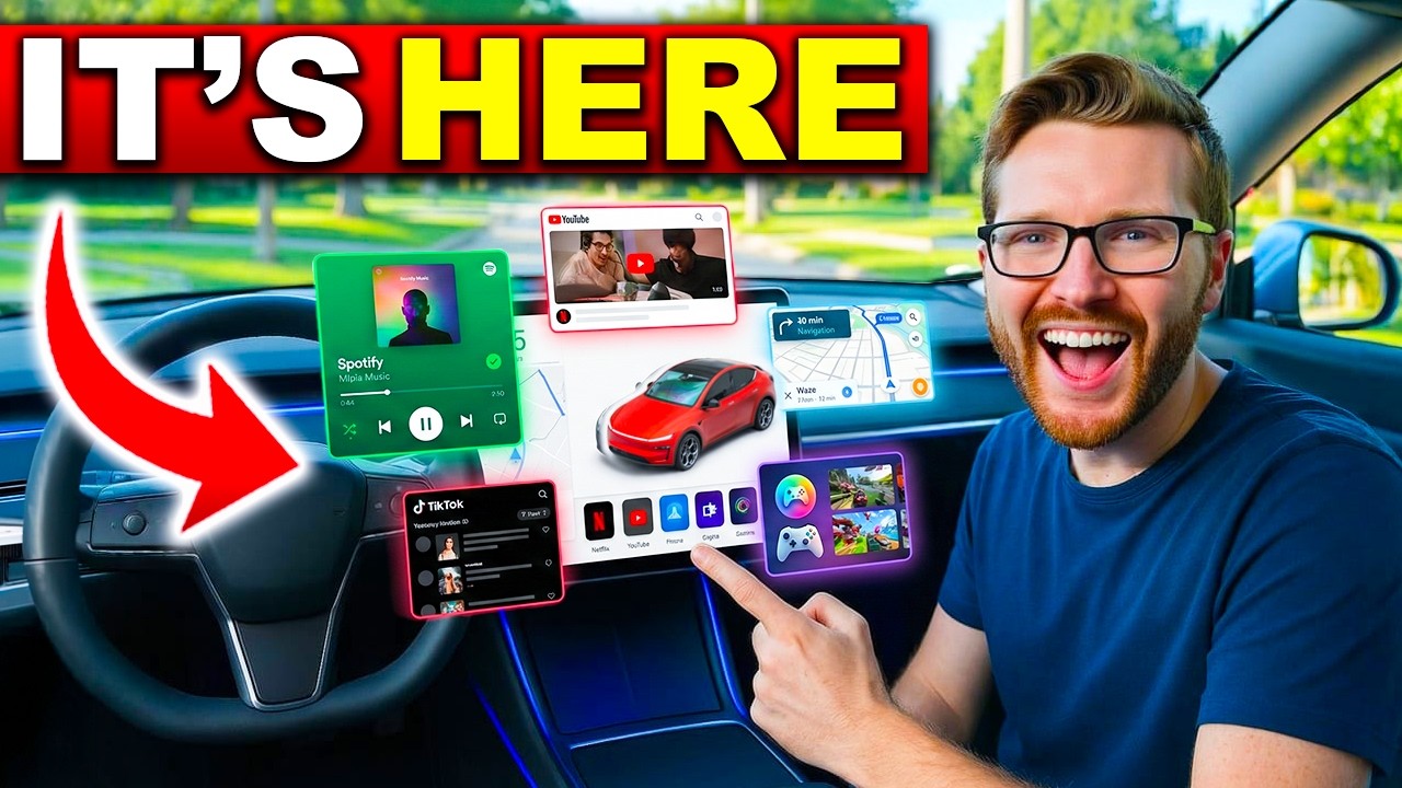 YouTube post by @RobertRosenfeld1 for Tesla. Caption reads: Tesla's NEW Update Brings Insane Features!.