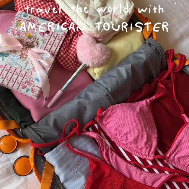 Instagram post by @alinaal.jpg for American Tourister. Caption reads: the only way to travel is with....