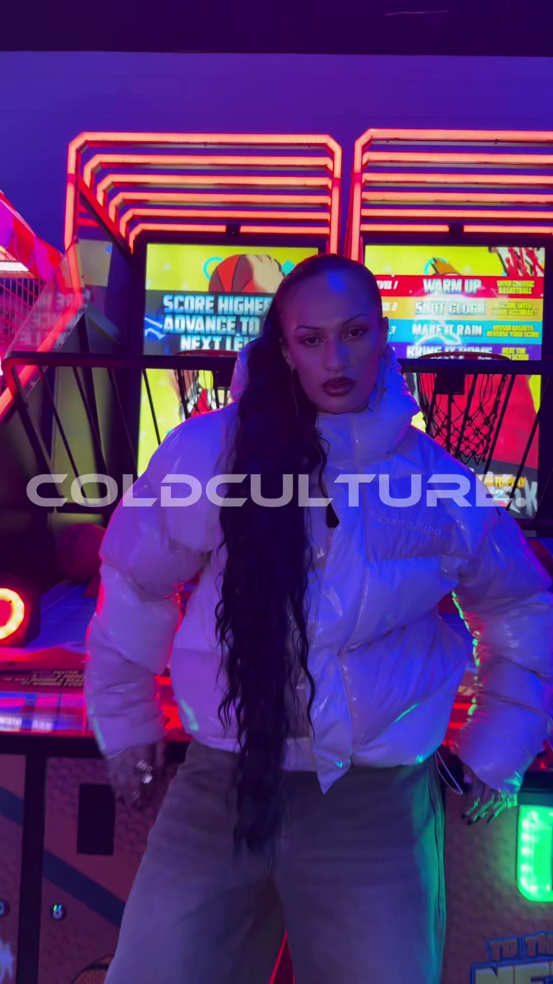 TikTok post by @islaxpotini for Cold Culture. Caption reads: @Cold Culture ❄️❄️❄️ wearing their ‘spiral puffer’....