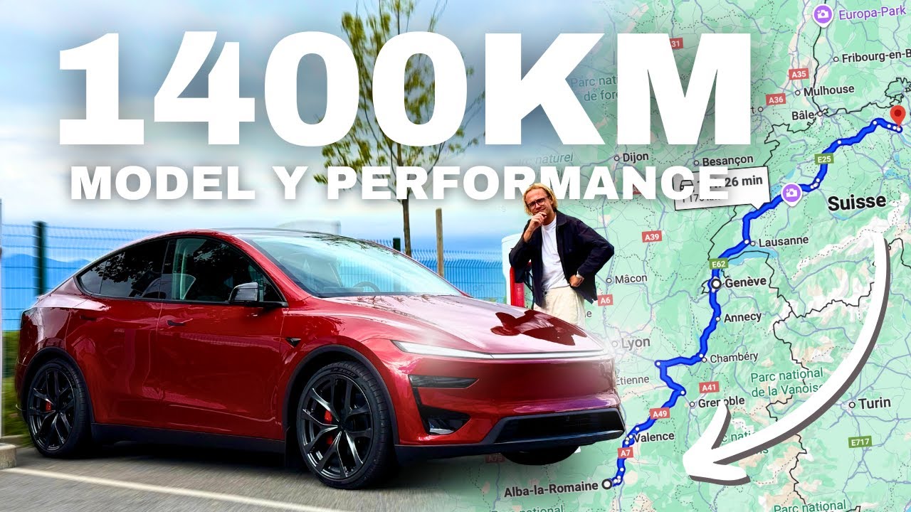 YouTube post by @SimplementJulien for Tesla. Caption reads: 1400 km in a Tesla Model Y Performance: what is it....