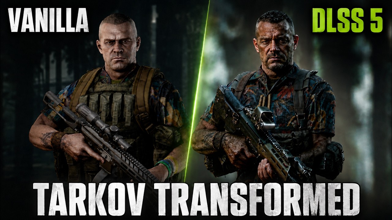 YouTube post by @pyurologie for PartnerBoost. Caption reads: I Tested DLSS 5 in Escape from Tarkov… The....