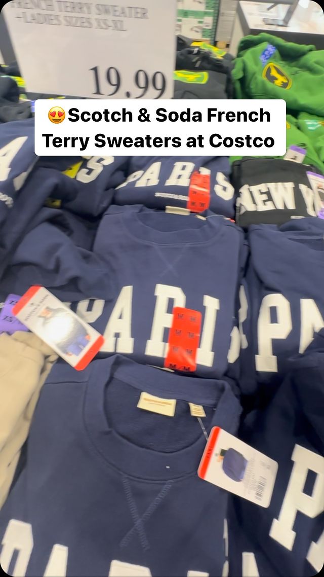 Instagram post by @costcofindsca for Scotch & Soda. Caption reads: Scotch & Soda French Terry Sweaters at Costco 😍....