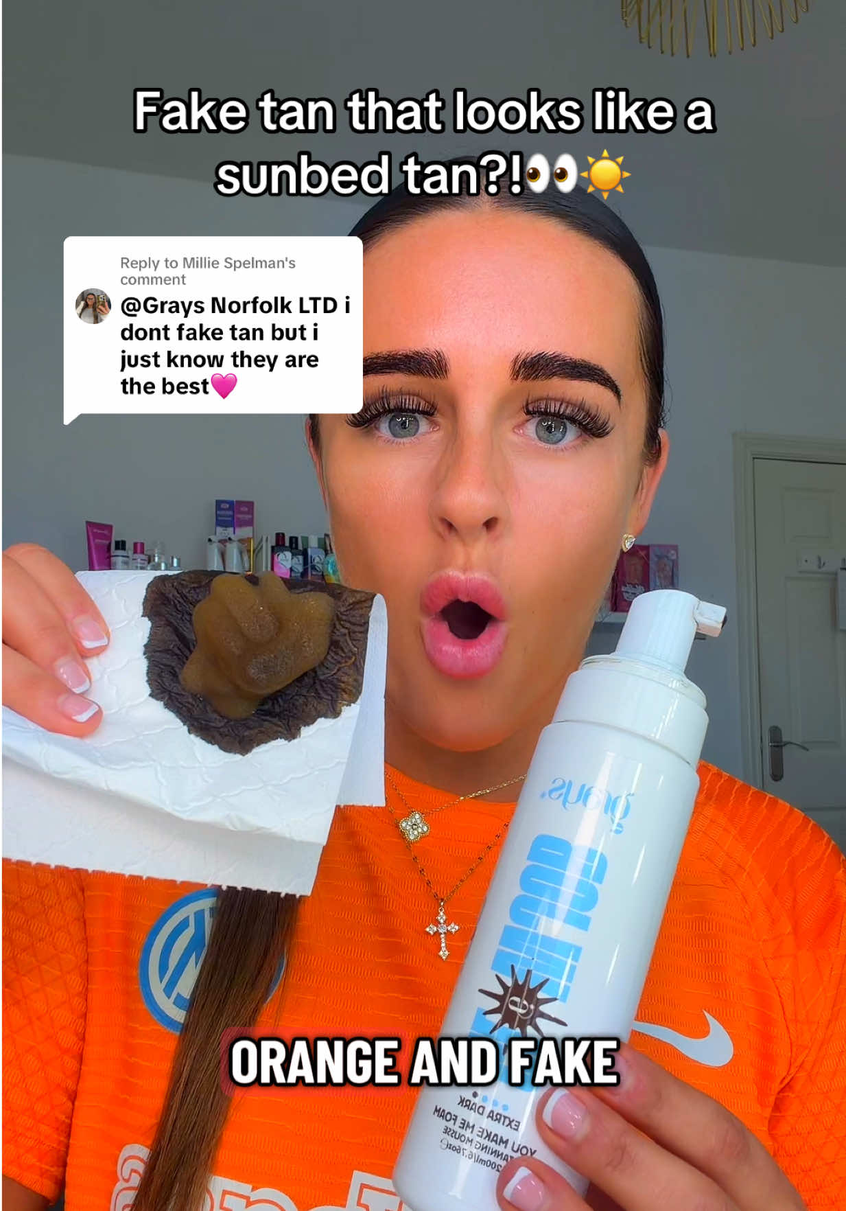 TikTok post by @tanningkate for Grays Glowjob. Caption reads: Replying to @Millie Spelman Fake tan that looks....