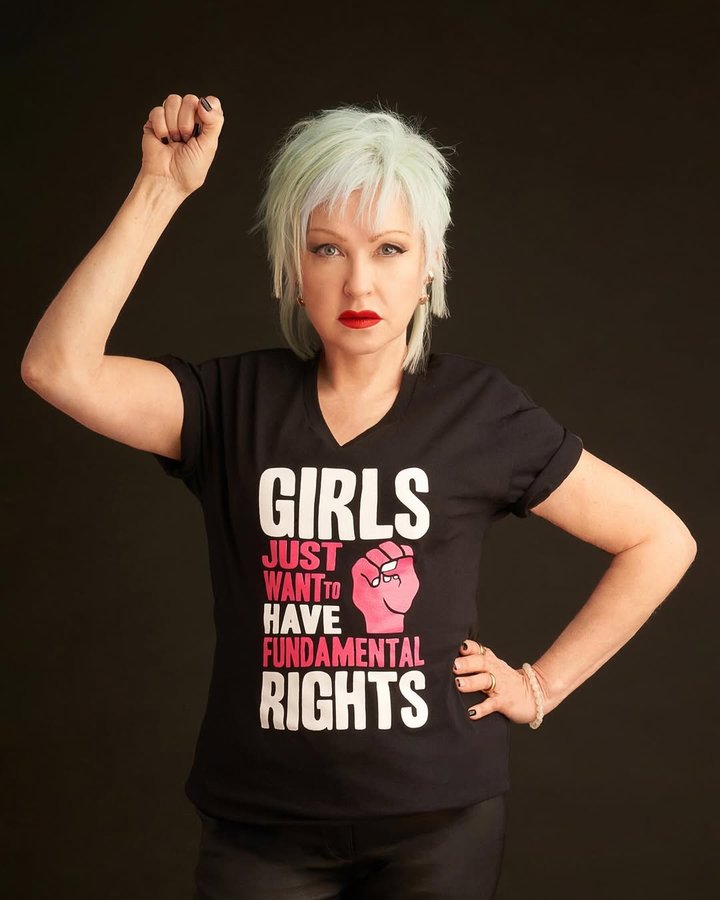 Instagram post by @cyndilauper for Bonfire. Caption reads: Women deserve dignity, respect, and the freedom to....