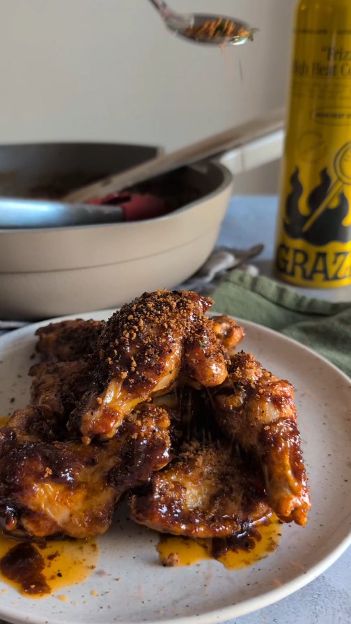 Instagram post by @tfimb for Graza. Caption reads: #ad Ginger Snap Chicken Wings!?! These wings came....
