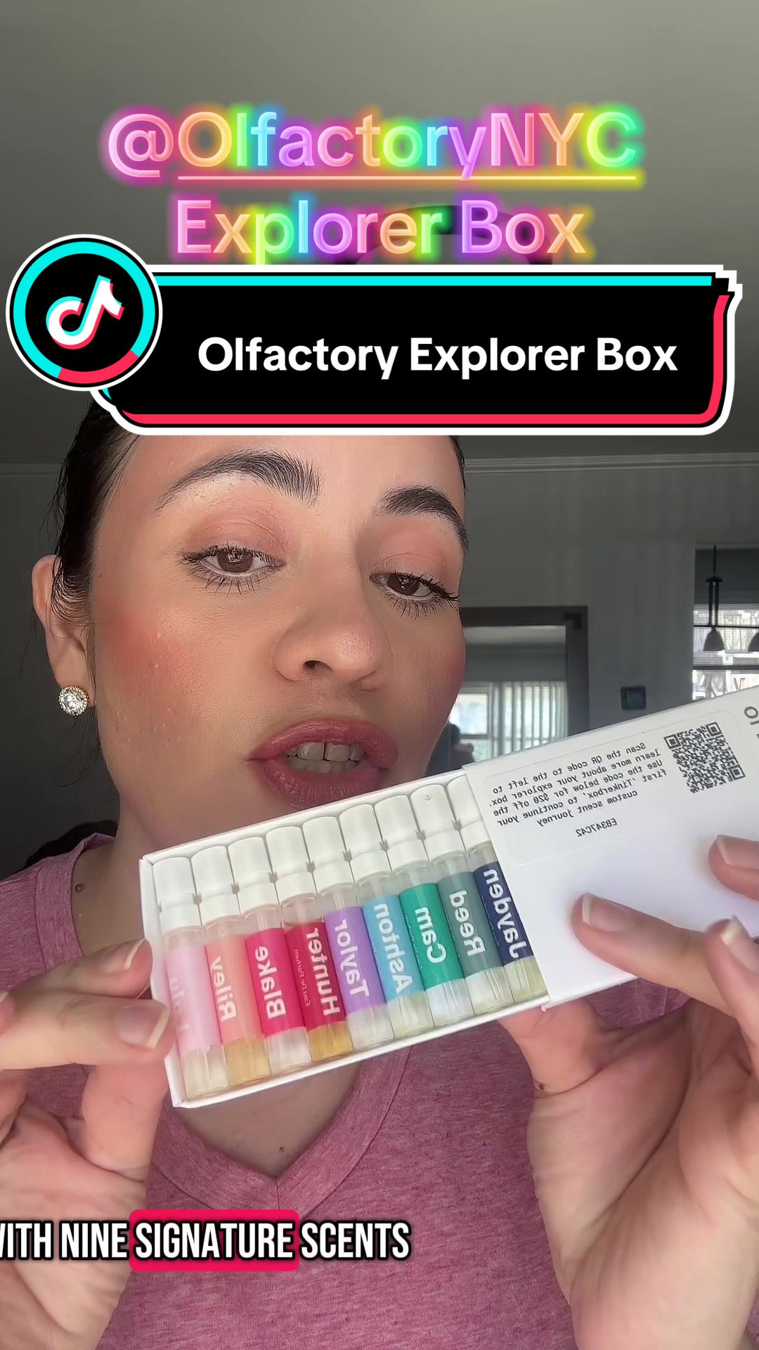 TikTok post by @anamaria.cabral_ for Olfactory NYC. Caption reads: @Olfactory NYC Explorer Box Includes 9 [...].