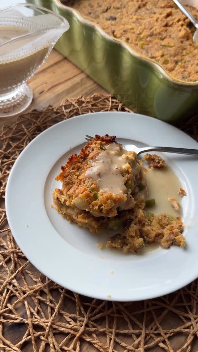 Instagram post by @britscookin for Better Than Bouillon. Caption reads: Southern Cornbread Dressing with sausage and....