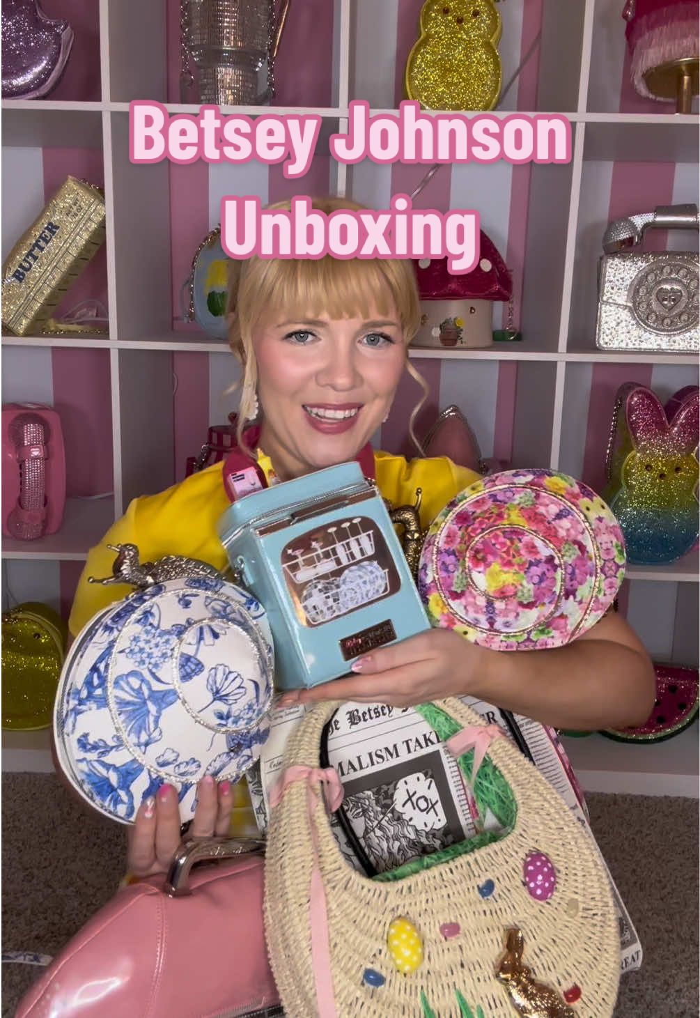 TikTok post by @moriahlovespurses for Betsey Johnson. Caption reads: [...] your favorite?! 🩷💛🍽️🫧🐌🐰🐣📰🧺 @Betsey....