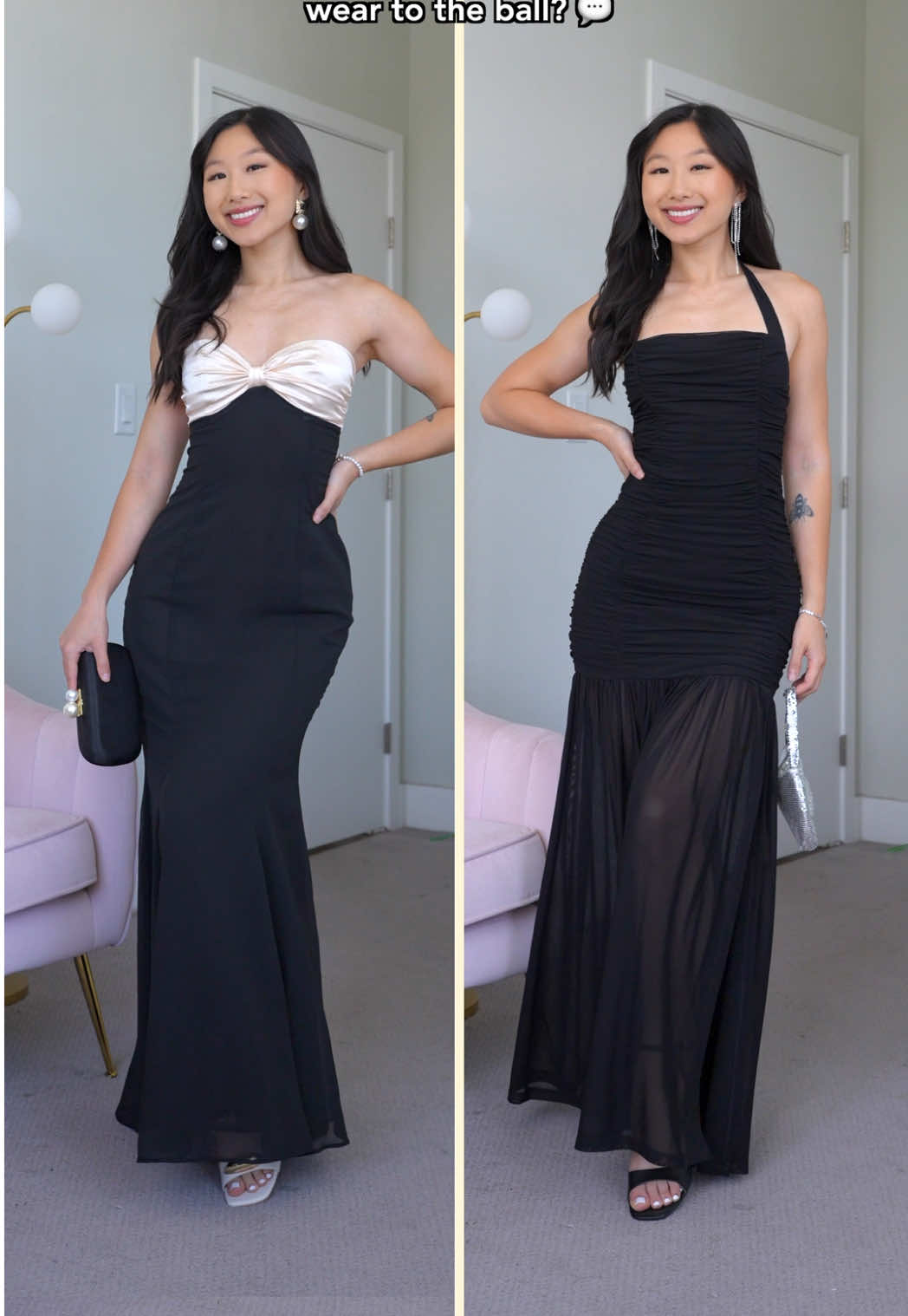TikTok post by @vivacious.honey for Target. Caption reads: 1️⃣ or 2️⃣: which dress should I wear? 🖤💬 follow....