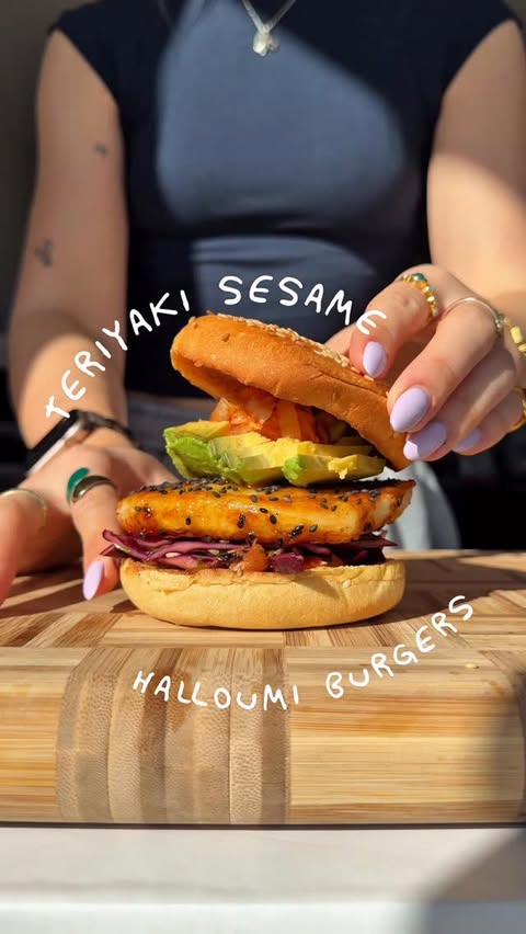 Instagram post by @emsbalance for Kikkoman. Caption reads: [...] Halloumi Burgers !! 🍔❤️‍🔥🥑💥 with....