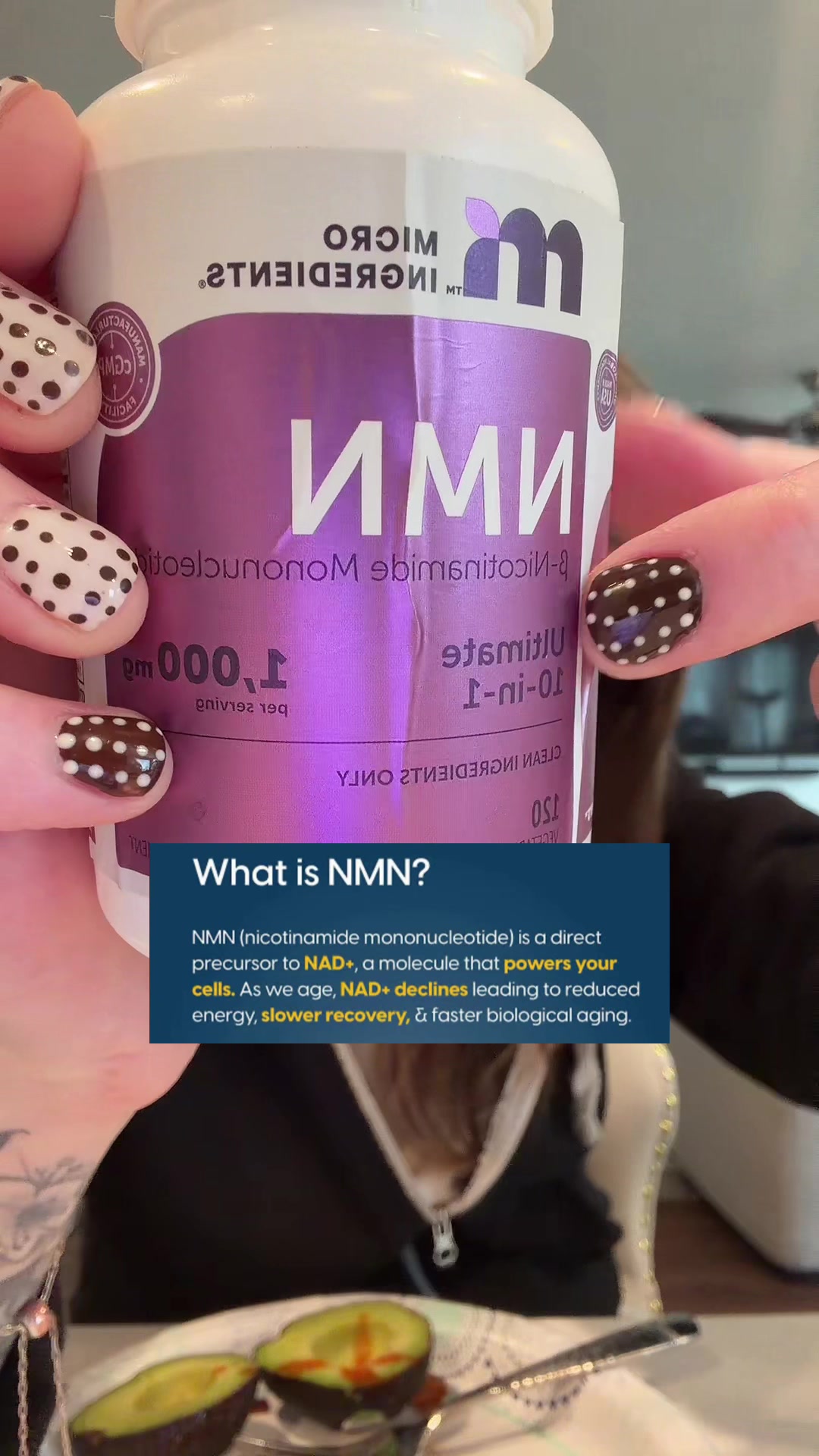 TikTok post by @twogirls_1account for Micro Ingredients. Caption reads: [...] to NAD. #NMNSupplement #NAD....