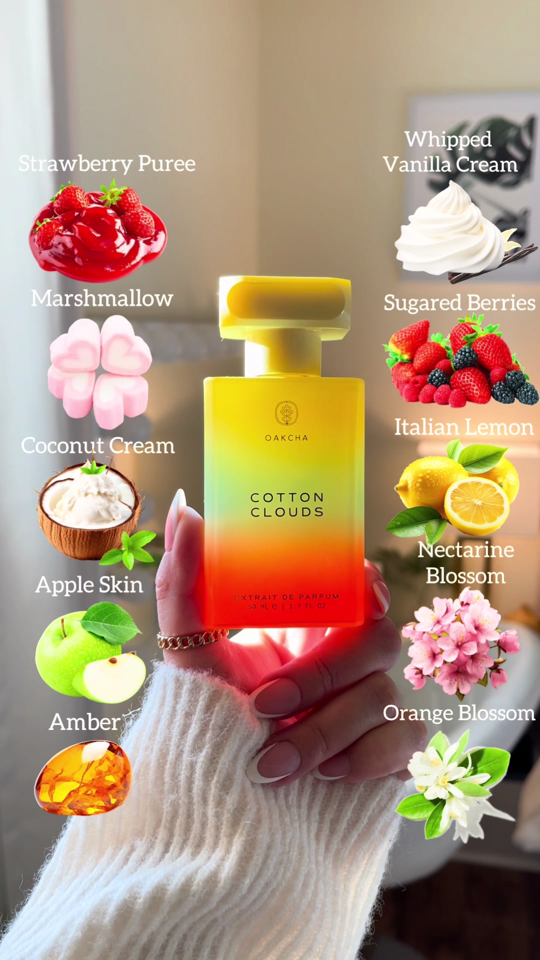 TikTok post by @gabbyfragrances for Oakcha. Caption reads: Cotton Clouds 🍓🍭☁️ @Oakcha  This perfume is....