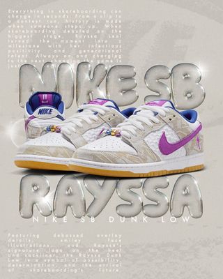 Instagram post by @alcarrerskateshop for Nike Skateboarding. Caption reads: Rayssa 🧚‍♂️ Option to purchase a pair via raffle.....