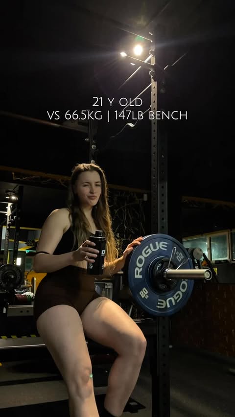 Instagram post by @elena_haarp for DY NutritionTM. Caption reads: bench is benching pre workout is pre workouting....