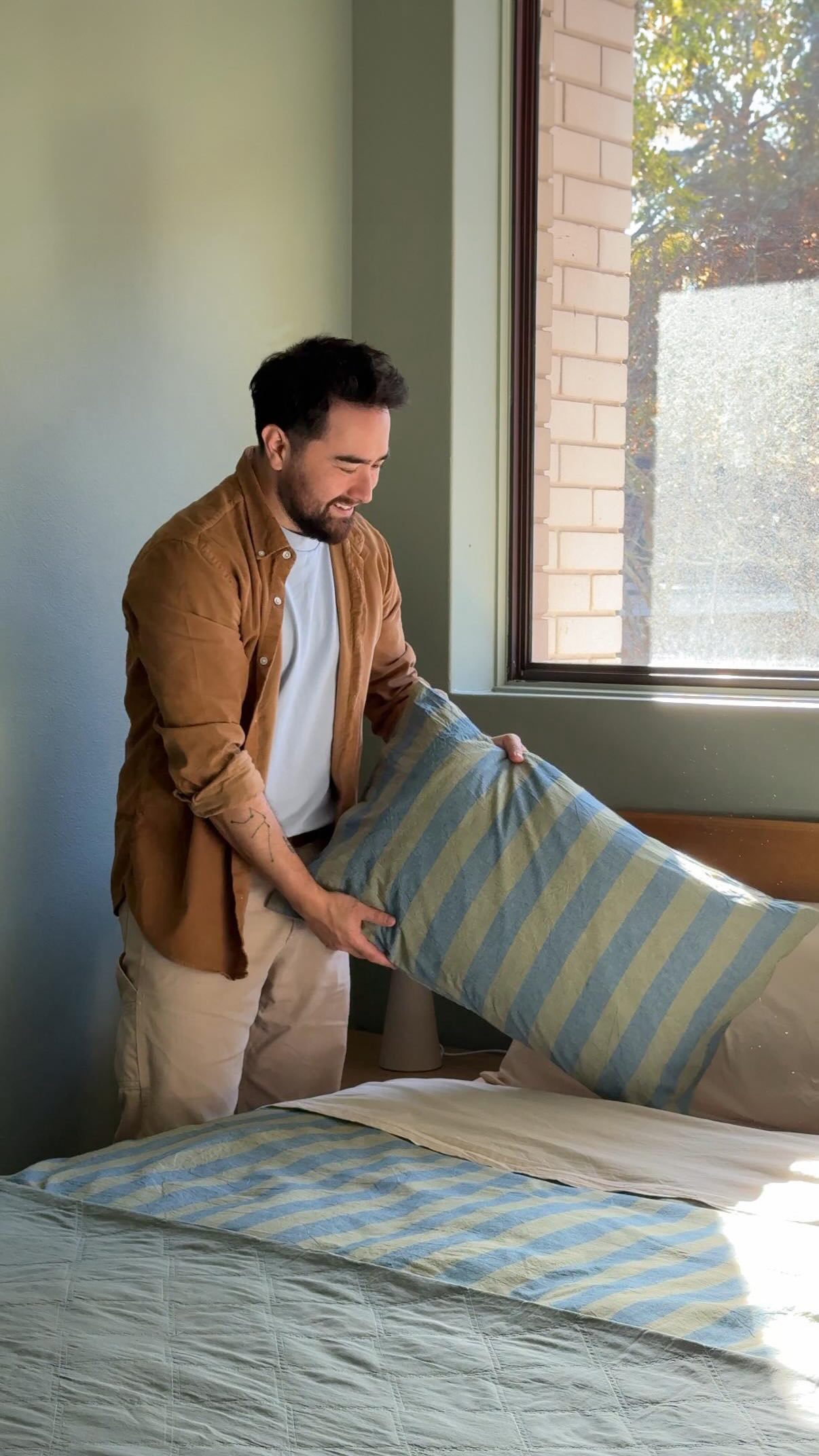 Instagram post by @jono.fleming for Adairs. Caption reads: [...] & Denim Stonewashed Cotton set from @adairs....