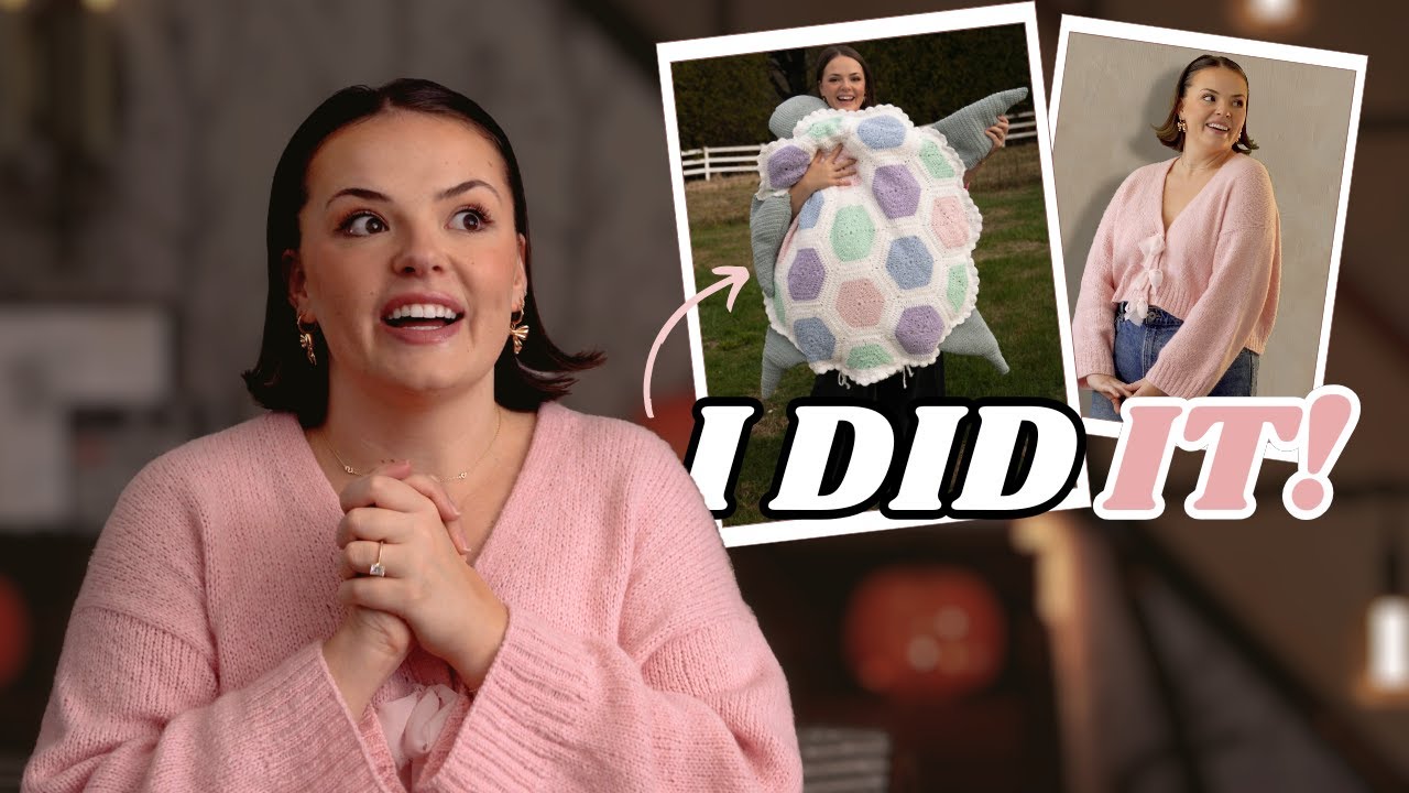 YouTube post by @akaNoraKnits for Teddy Blake. Caption reads: My Most Proud Make EVER + Sleeve Progress....