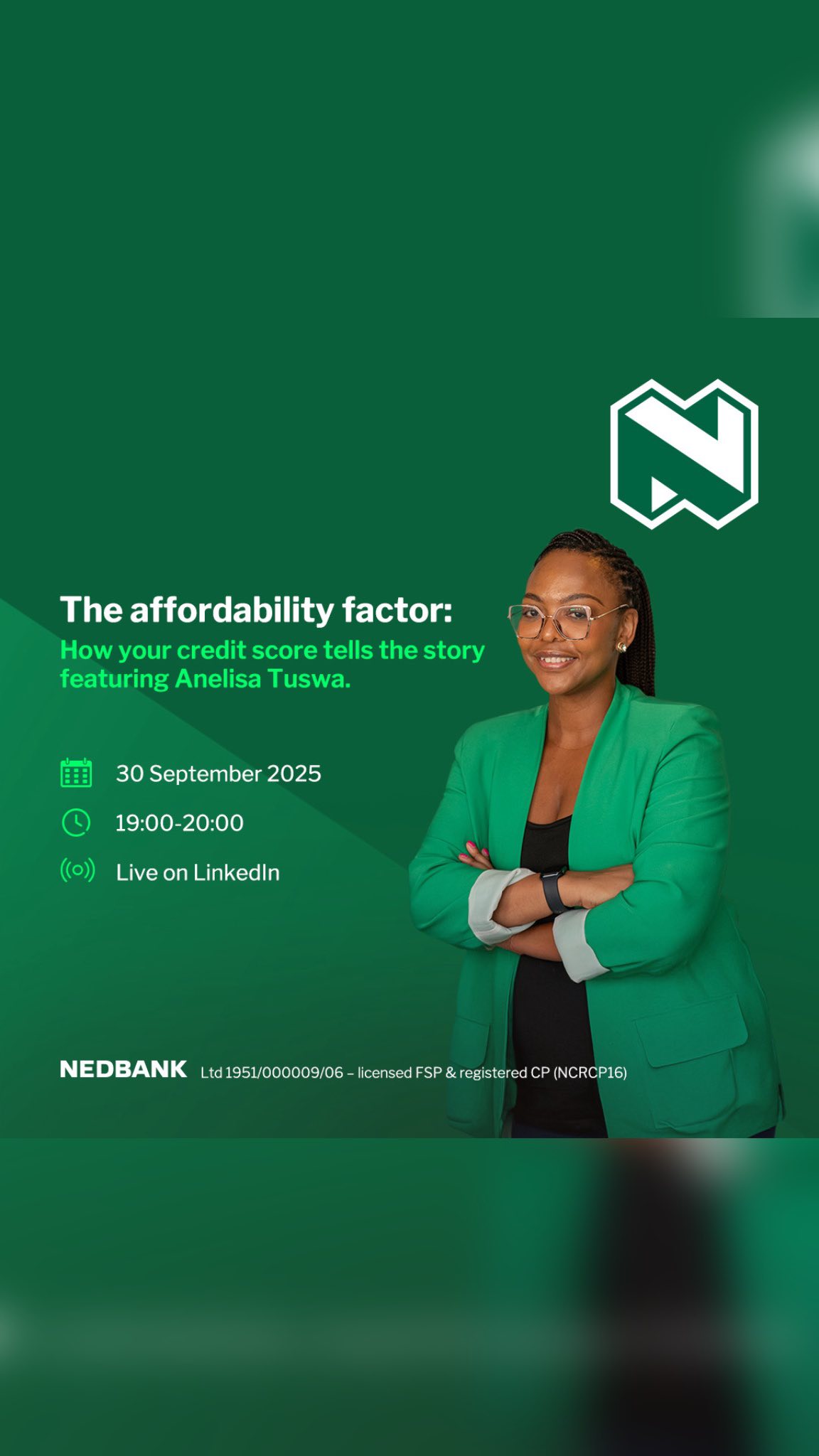 Instagram post by @anelisa_tuswa for Nedbank. Caption reads: [...] Affordability Factor webinar hosted by....