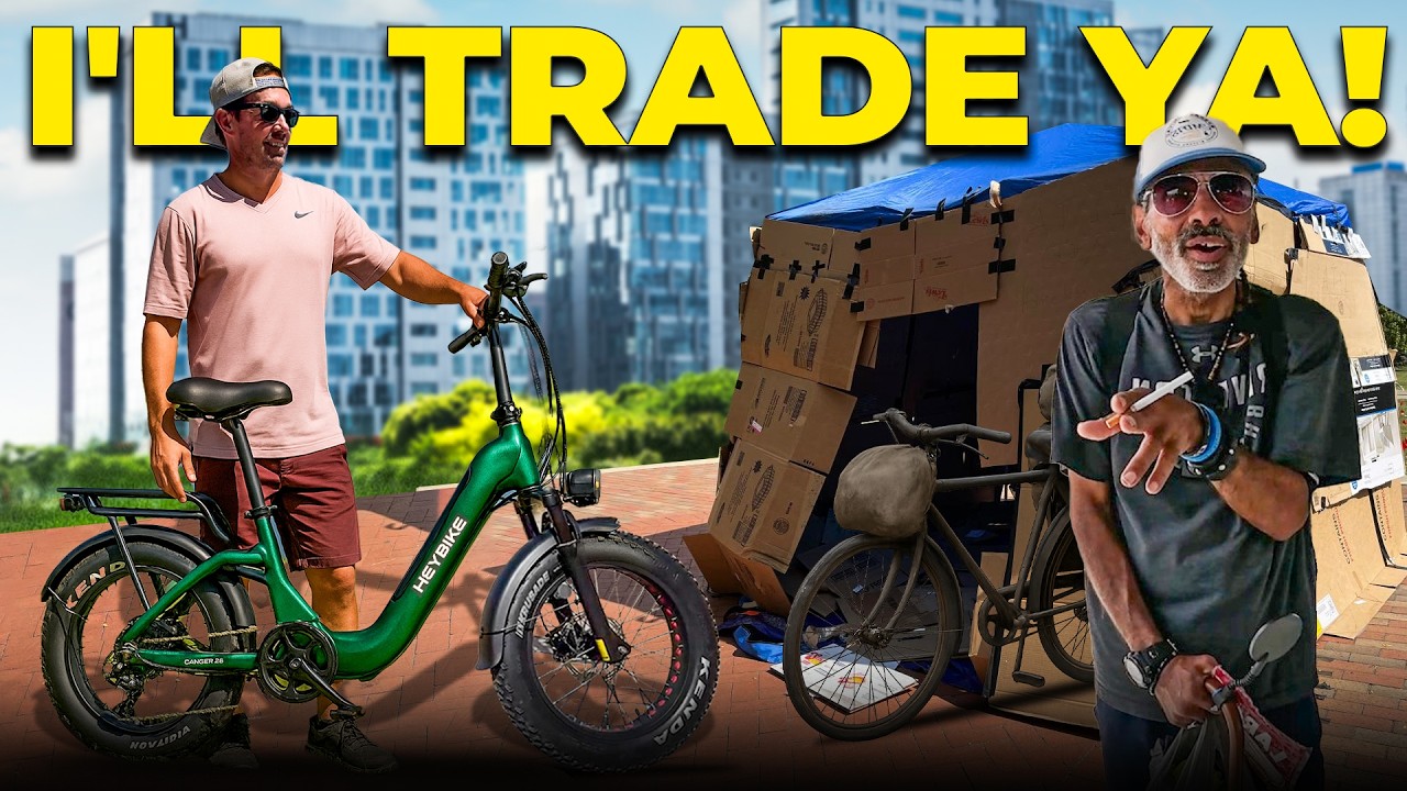 YouTube post by @ElectricRevolution for Heybike. Caption reads: I gave a homeless man an E-Bike.