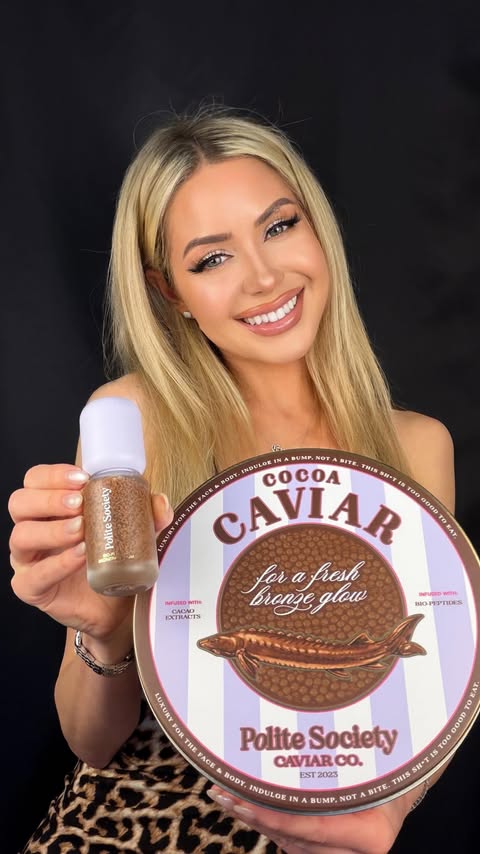 Instagram post by @queenemilli for Polite Society. Caption reads: 🍫COCOA CAVIAR Bronzing Serum by....
