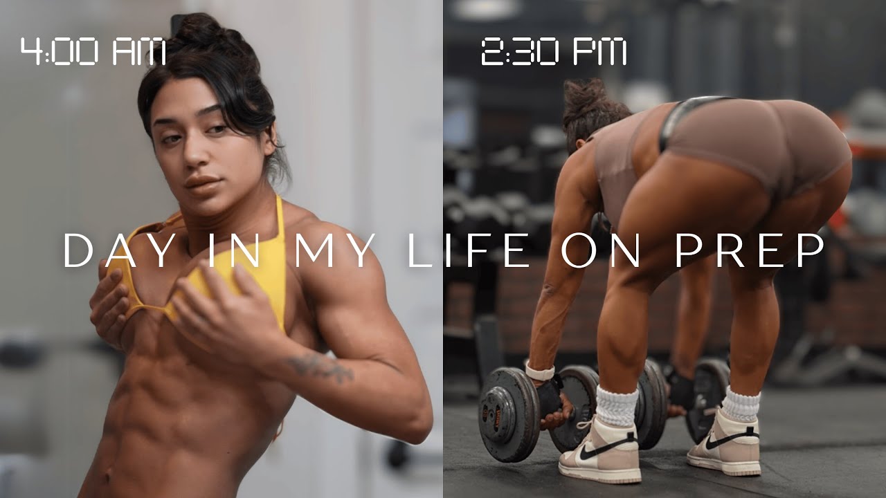 YouTube post by @juliarene for Megafit Meals. Caption reads: day in my life prepping for a bodybuilding show |....