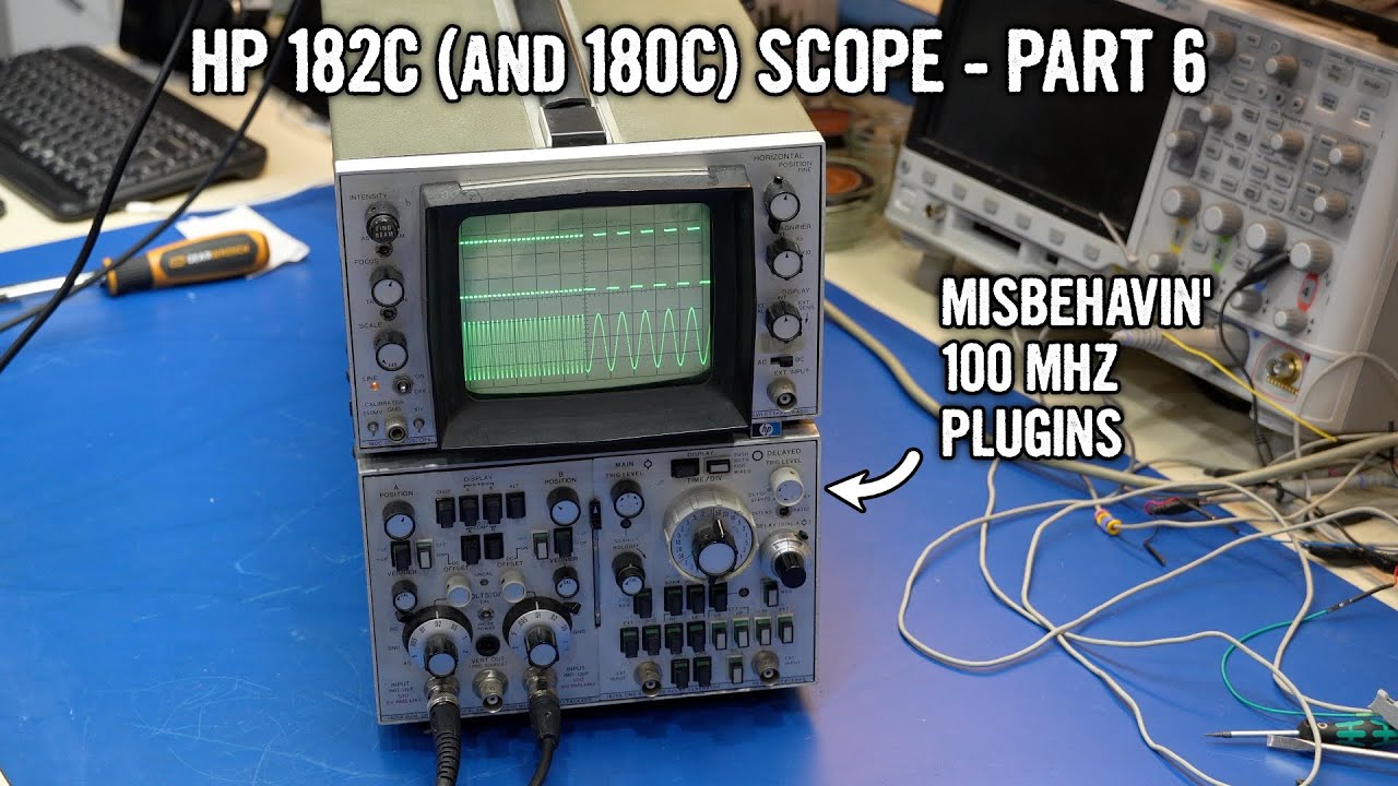 YouTube post by @CuriousMarc for PCBWay. Caption reads: HP 182C (and 180C/D) Oscilloscope Repair - Part 6:....