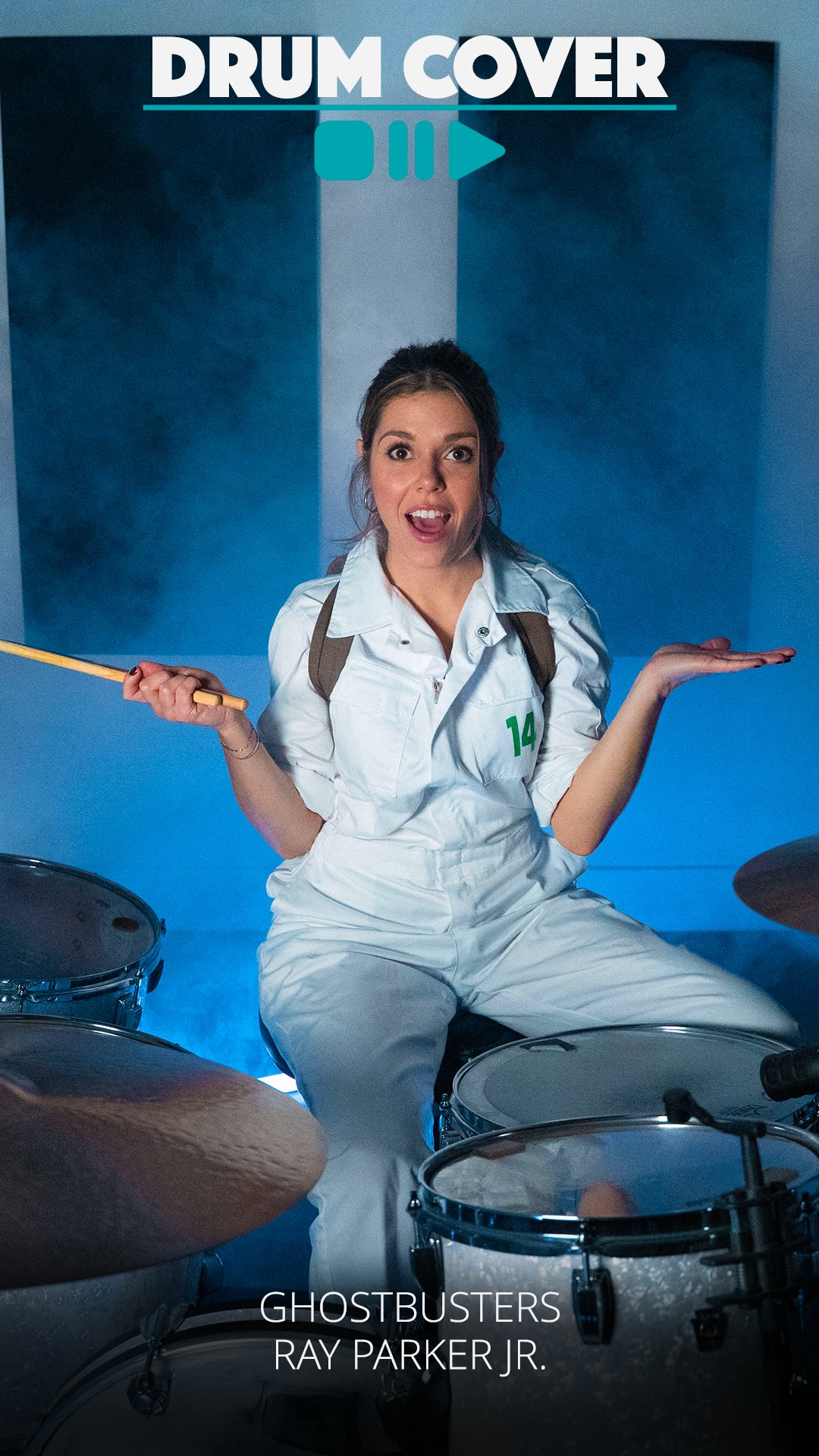 Instagram post by @dominosantantonio for Thomann. Caption reads: Domino covers the legendary Ghostbusters theme by....