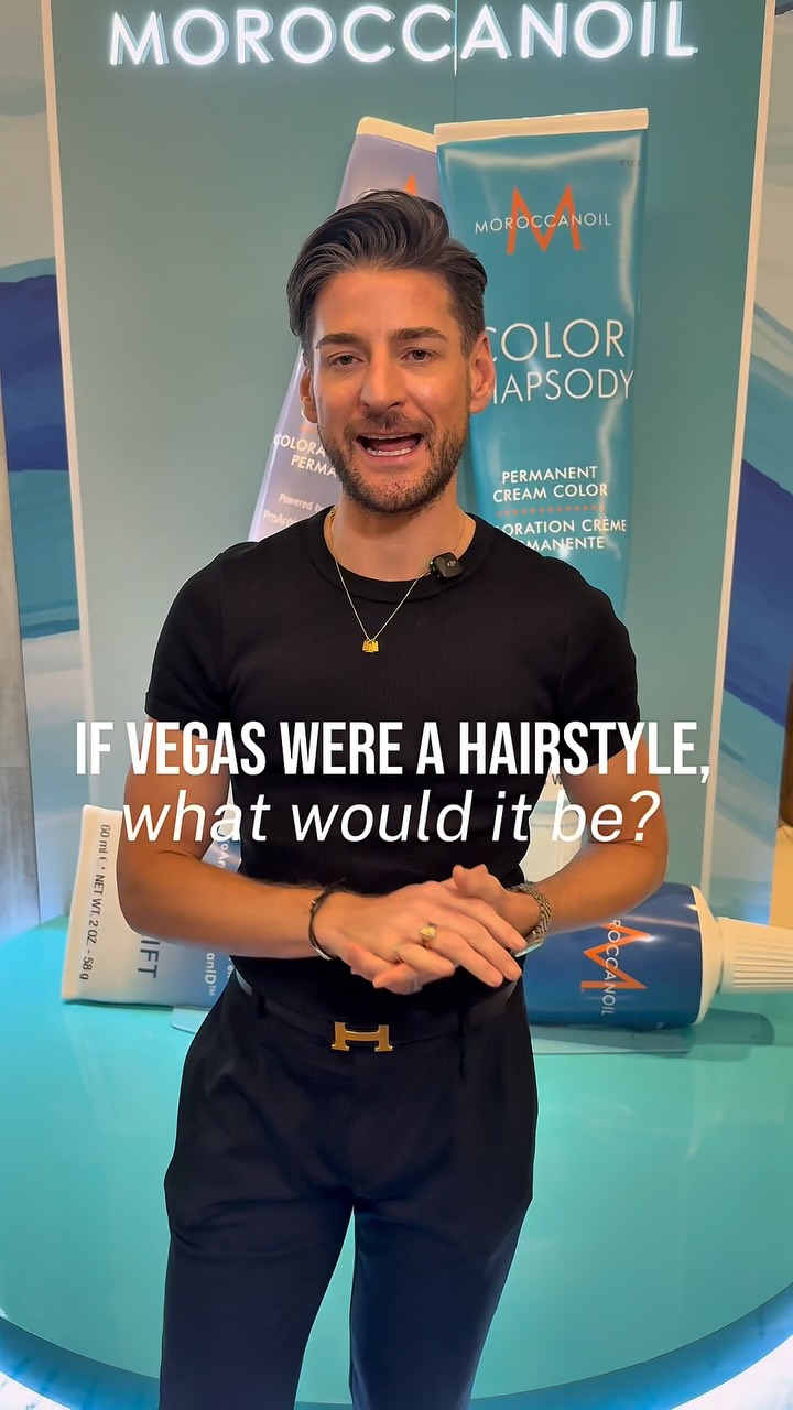 Instagram post by @greg_gilmore for Moroccanoil Professionals. Caption reads: What’s your Vegas hairstyle to survive the desert....