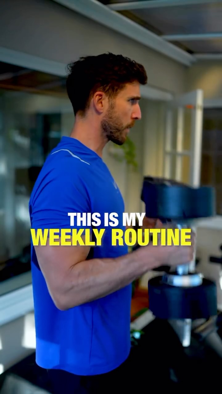 Instagram post by @london_fitness_guy for Technogym. Caption reads: My weekly training routine to build strength and....