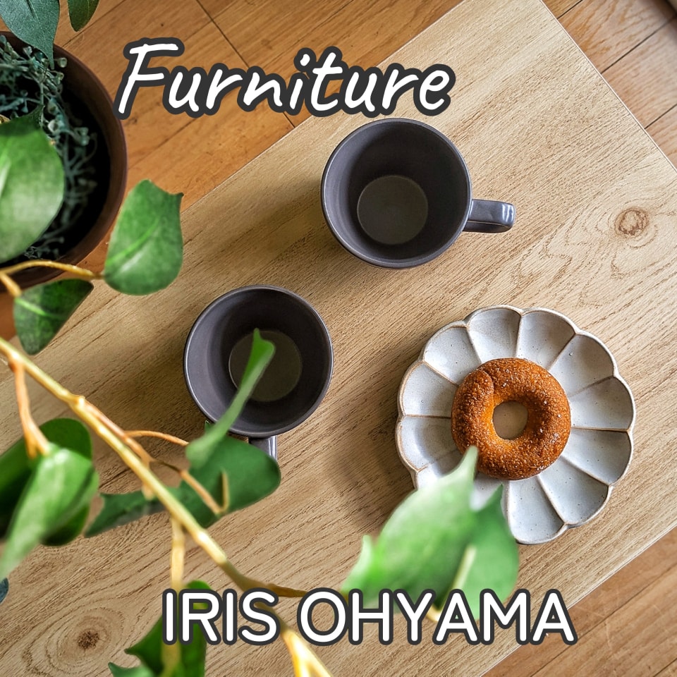 Instagram post by @erica.today for Iris Ohyama. Caption reads: Furniture🏡

うちのリビングテーブルはアイリスオーヤマのHIROBIROシリーズ✨
スリ....