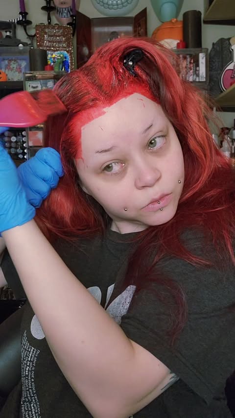 Instagram post by @sydneynicoleaddams for Lunar Tides Hair. Caption reads: How I achieve my red hair with 🙅🏻‍♀️NO🙅🏻‍♀️....