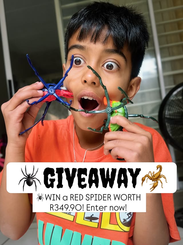 Instagram post by @adventures_motherhood for Prima Toys. Caption reads: [...] 🤖✨ 🕷️🐛🦂🦎HOW TO ENTER: 🦎Follow....