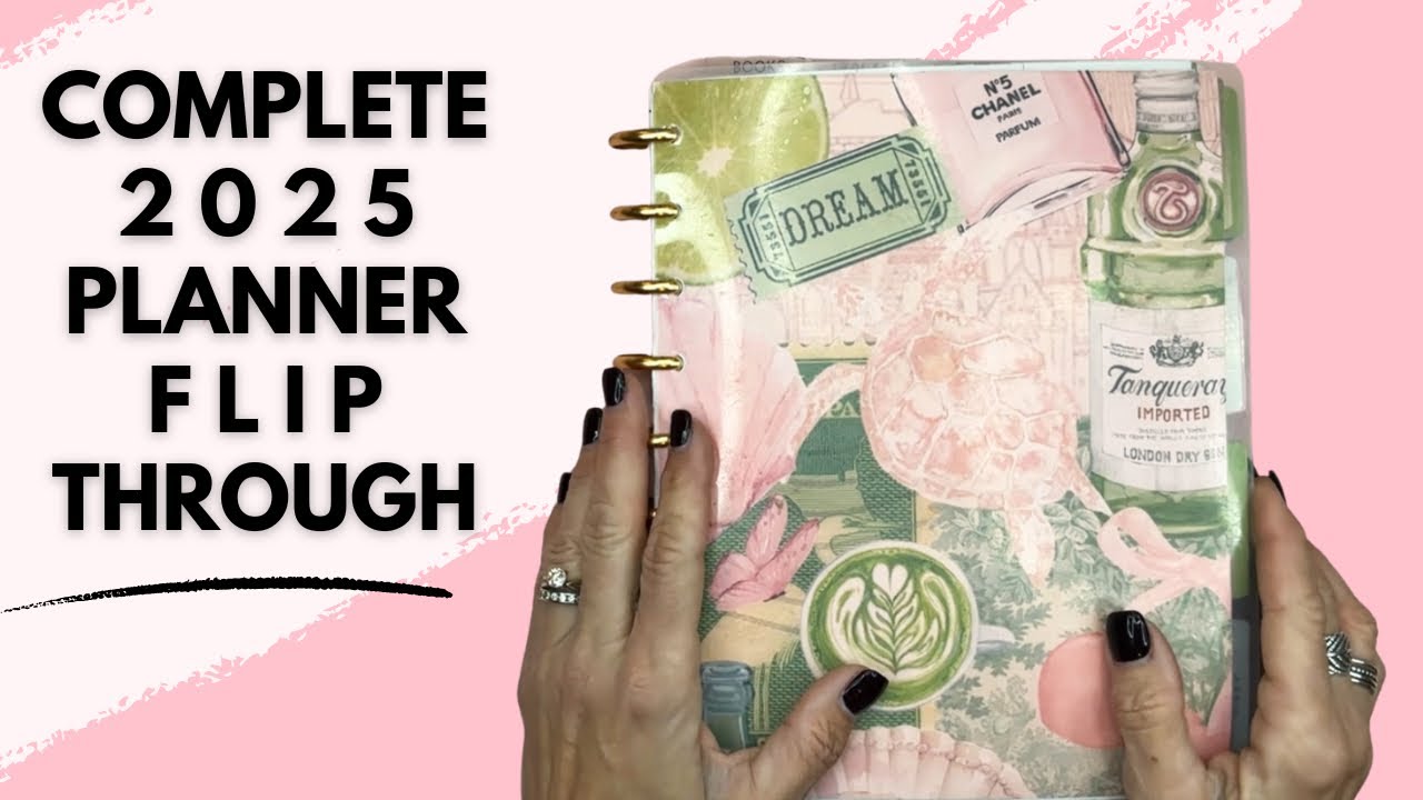 YouTube post by @planonit5093 for Creative Fabrica. Caption reads: COMPLETE 2025 PLANNER FLIP THROUGH | HAPPY PLANNER.