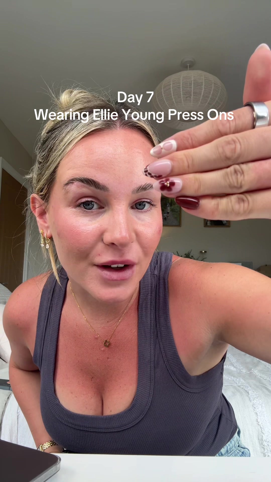 TikTok post by @emmatwinmum for Ellie Young Beauty Shop. Caption reads: High quality press on nails that last. Salon....
