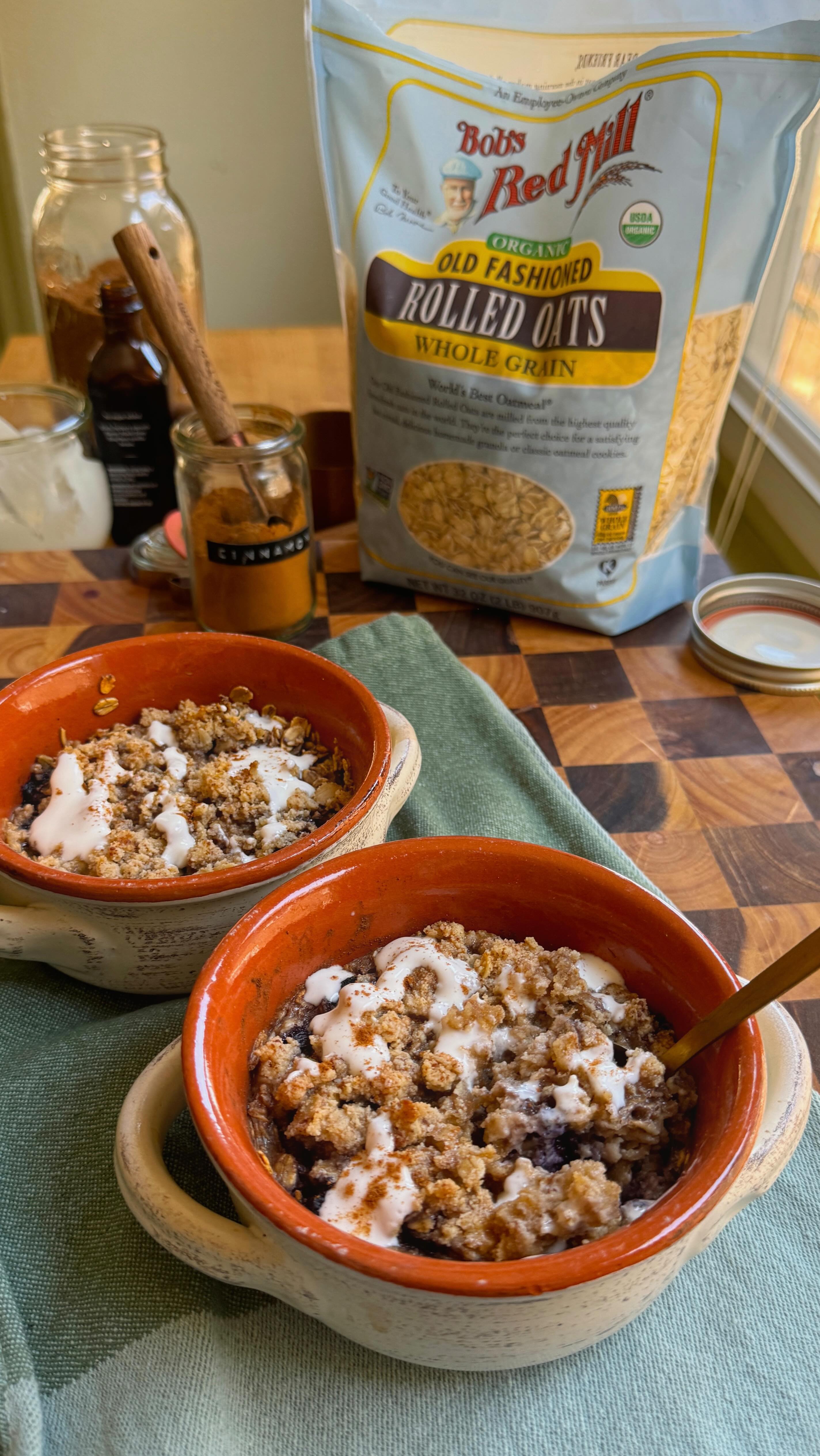 Instagram post by @sokos.kitchen for Bob's Red Mill. Caption reads: WILD BLUEBERRY COFFEE CAKE OATS–turning one of my....