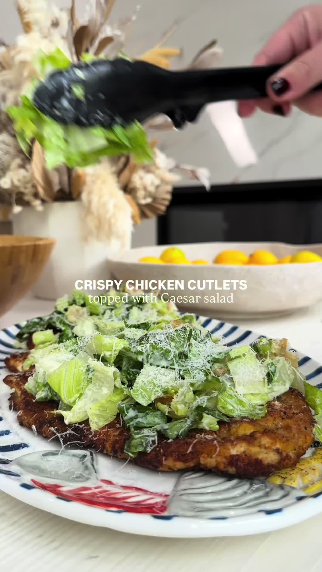 TikTok post by @everything_delish for Victorinox. Caption reads: crispy chicken cutlets topped with the dreamiest....