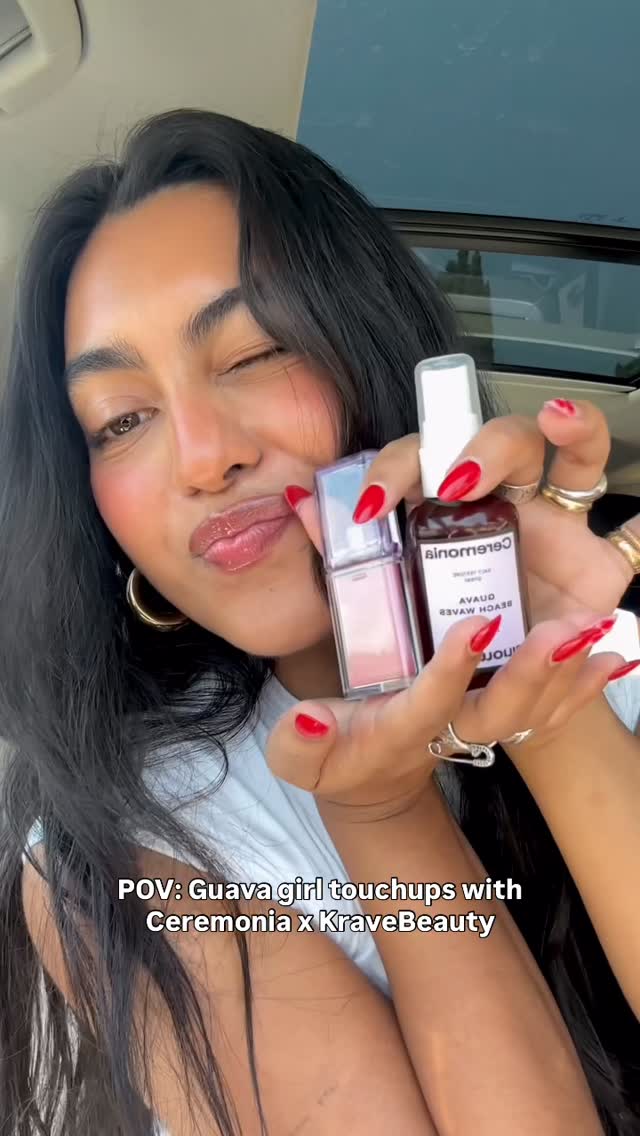 Instagram post by @myceremonia for KraveBeauty. Caption reads: 🍑 Two brands, one guava-powered glow....