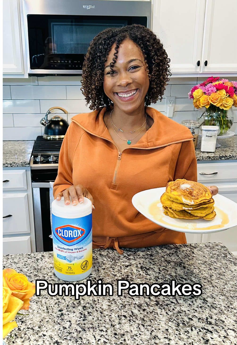 TikTok post by @simplycolette_ for Clorox. Caption reads: #ad Let’s make some pumpkin pancakes and I’ll show....