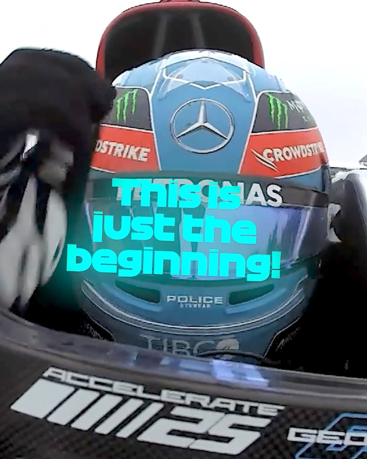 Instagram post by @georgerussell63 for Qatar Airways. Caption reads: Five race wins, memorable overtakes, and a....