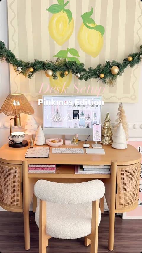 Instagram post by @sylvia.geng for CASETiFY. Caption reads: Pink Christmas desk setup ✨ Turning my workspace....