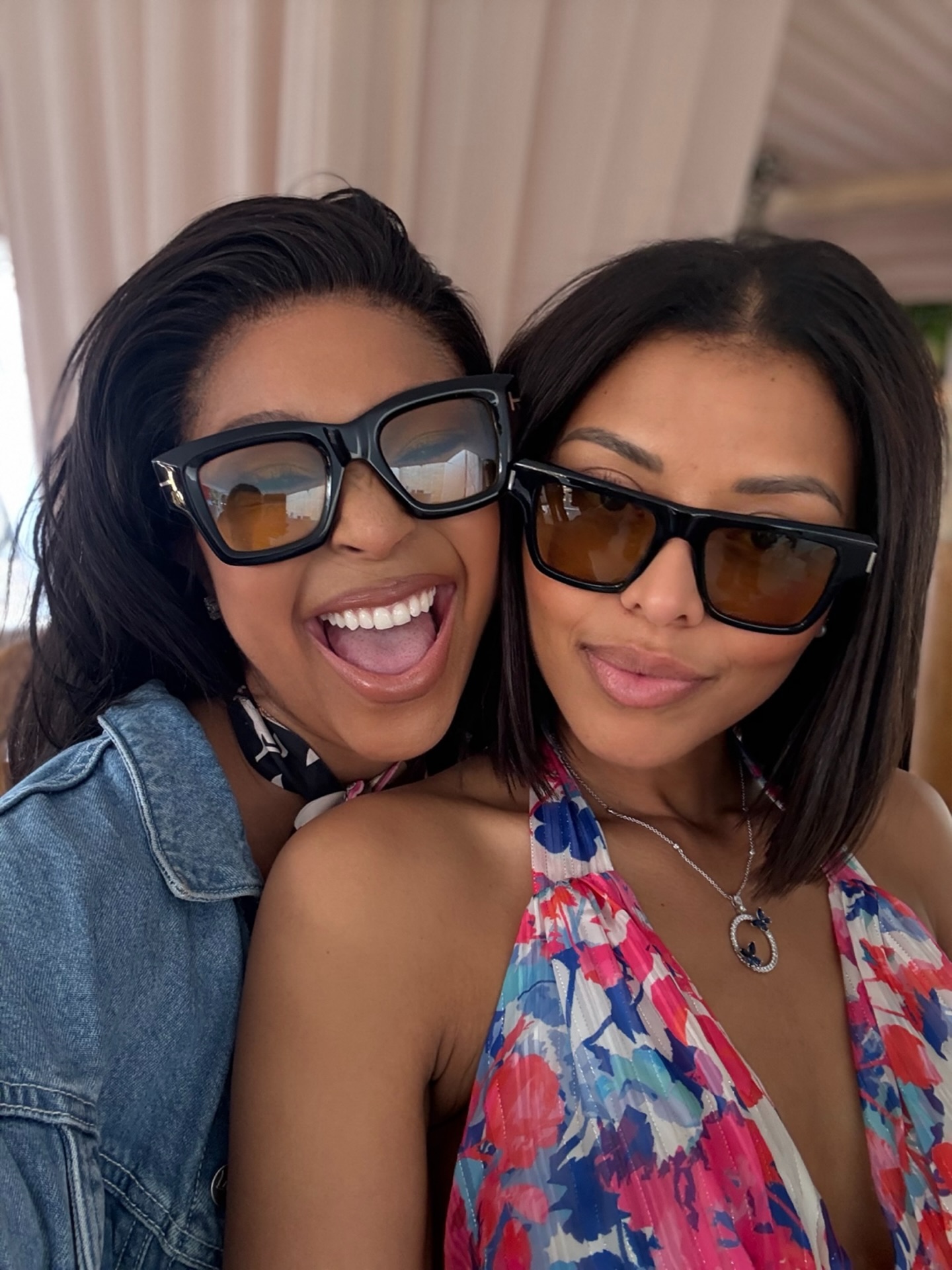 Instagram post by @minniedlamini for TOM FORD. Caption reads: Sunnies on 🕶️ Worries gone 😉 @pearlnxele_ 💎....