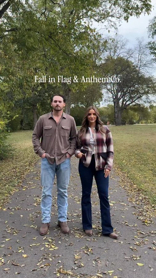 Instagram post by @victoriaswilcox for Flag & Anthem. Caption reads: Fall in Flag & Anthem Co. 🍂 cozy layers, crisp....