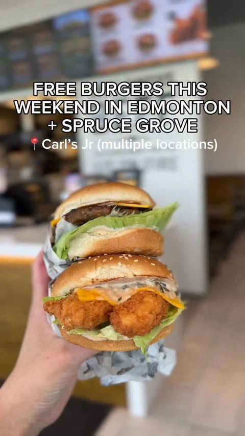 Instagram post by @yegcravings for Carl's Jr.. Caption reads: FREE BURGERS THIS WEEKEND 🍔 @carlsjrca is....