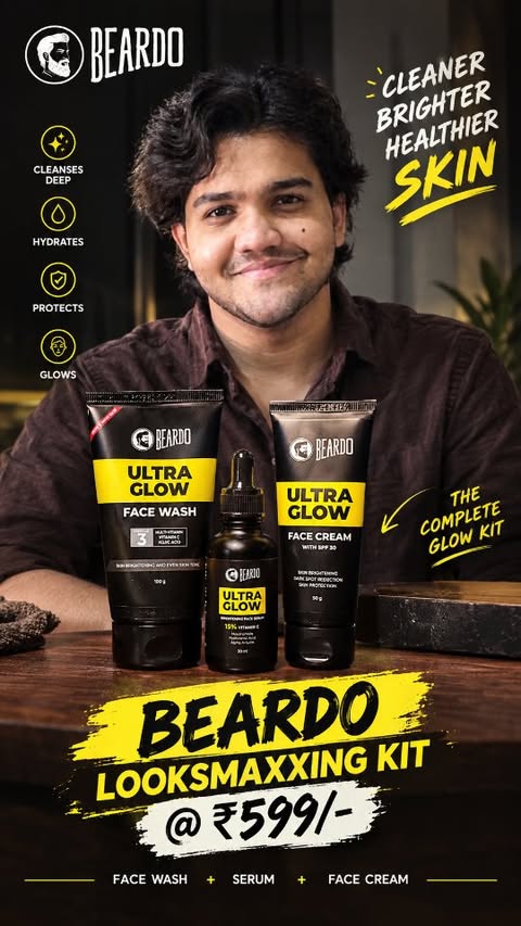 Instagram post by @neilrodrick_ for BEARDO. Caption reads: Beardo Looksmaxxing Kit @599/- 🖤✨️ Been trying....