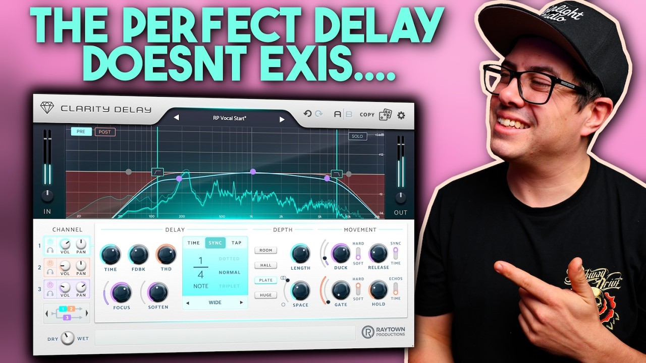 YouTube post by @spinlightstudios for Safari Pedals. Caption reads: A Better Way To Use Delay In Your Mixes: Clarity....